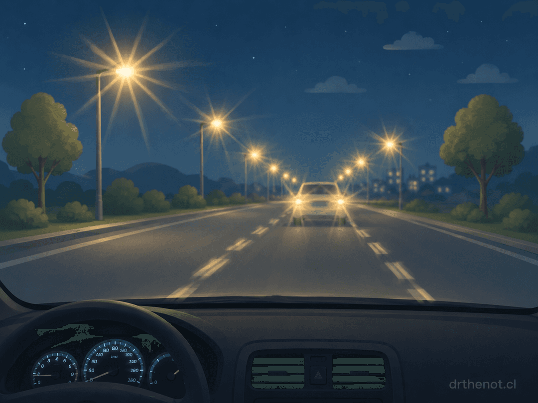 Conducción nocturna con luces alargadas y destellos, representando el astigmatismo