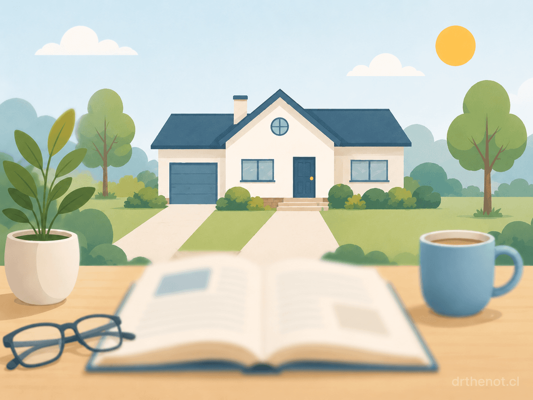 Casa lejana nítida y libro cercano desenfocado, representando la hipermetropía
